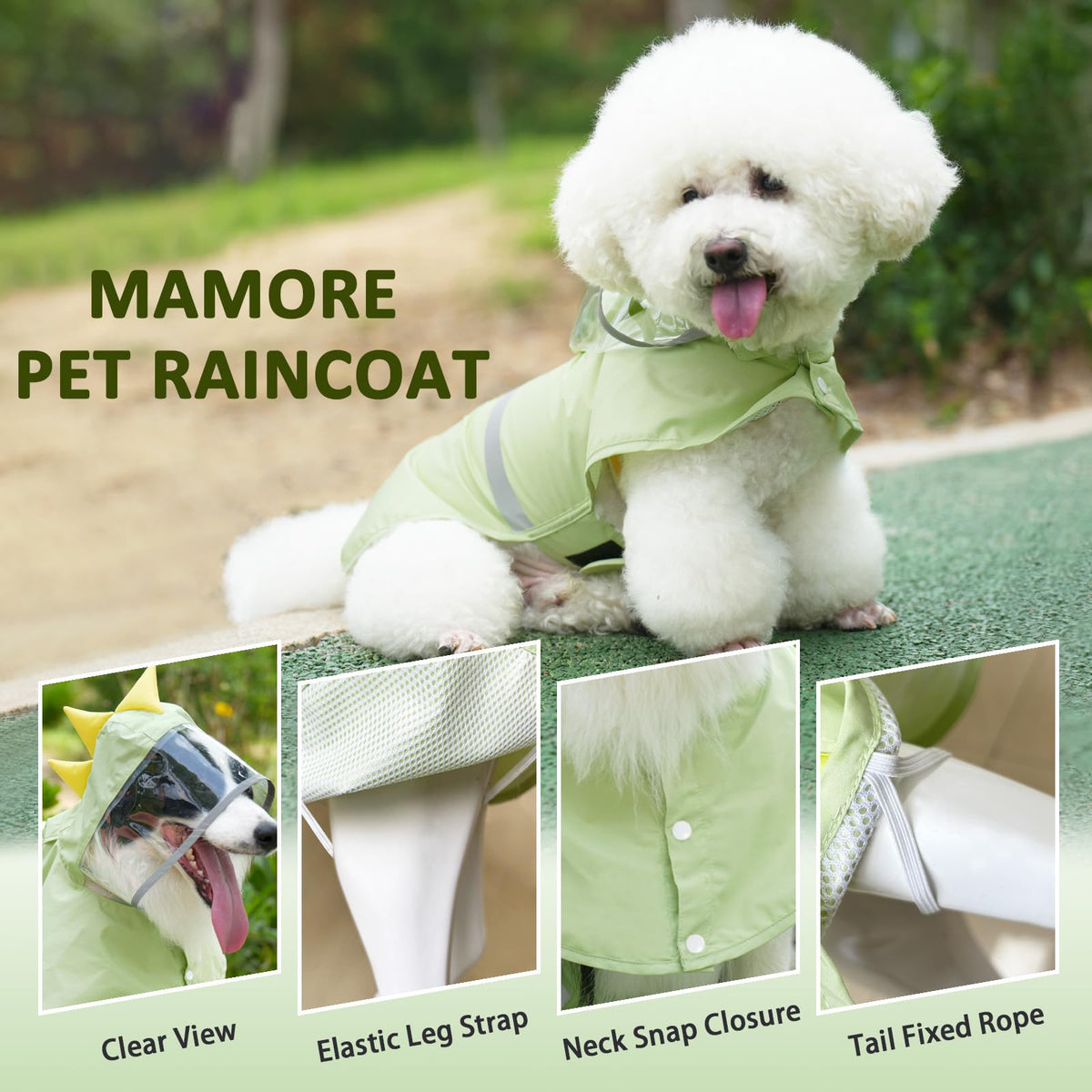 Dog Raincoat Waterproof Reflective Adjustable Hooded Dog Rain Coat with Leash Hole (Green Dinosaur / Small(9-13lb))