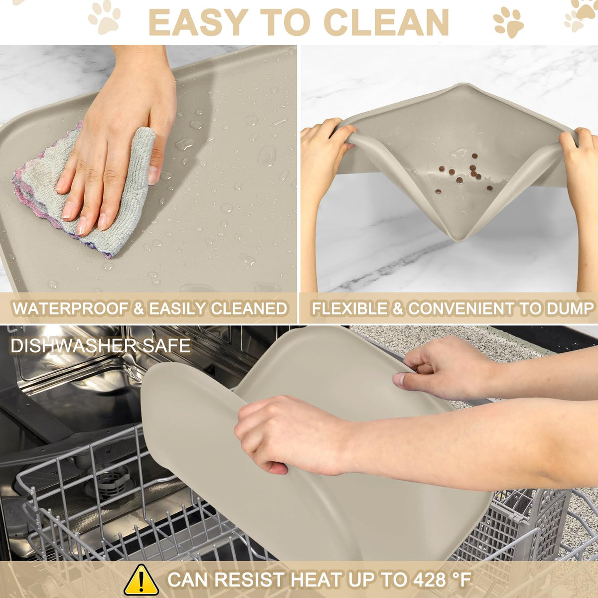 Waterproof Silicone Pet Food Mat with Raised Edge for Dog & Cat (19"L x 12"W / Beige)
