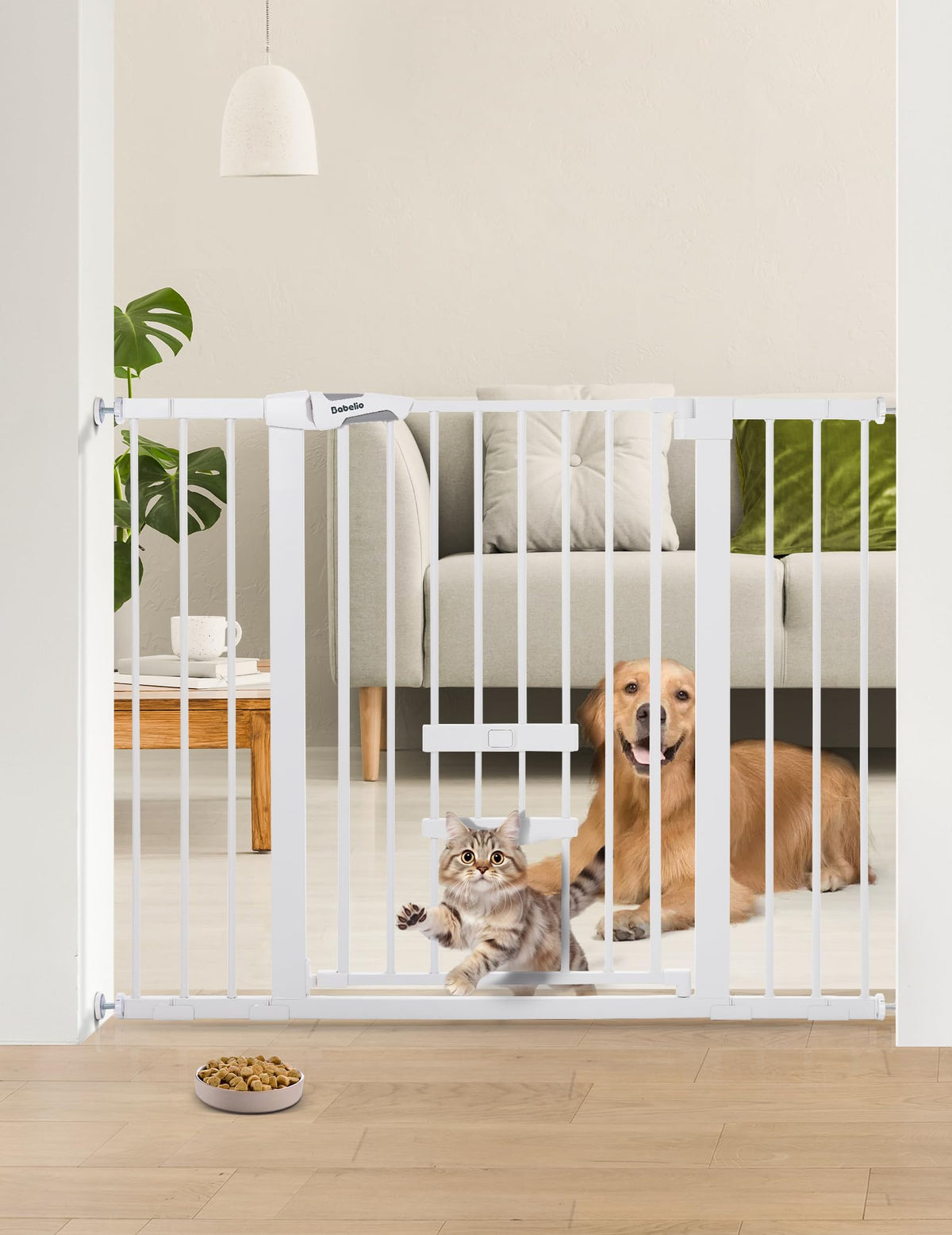 36" Tall Dog Gate with Cat Door (White / 29-48" Wide, 36" Tall)