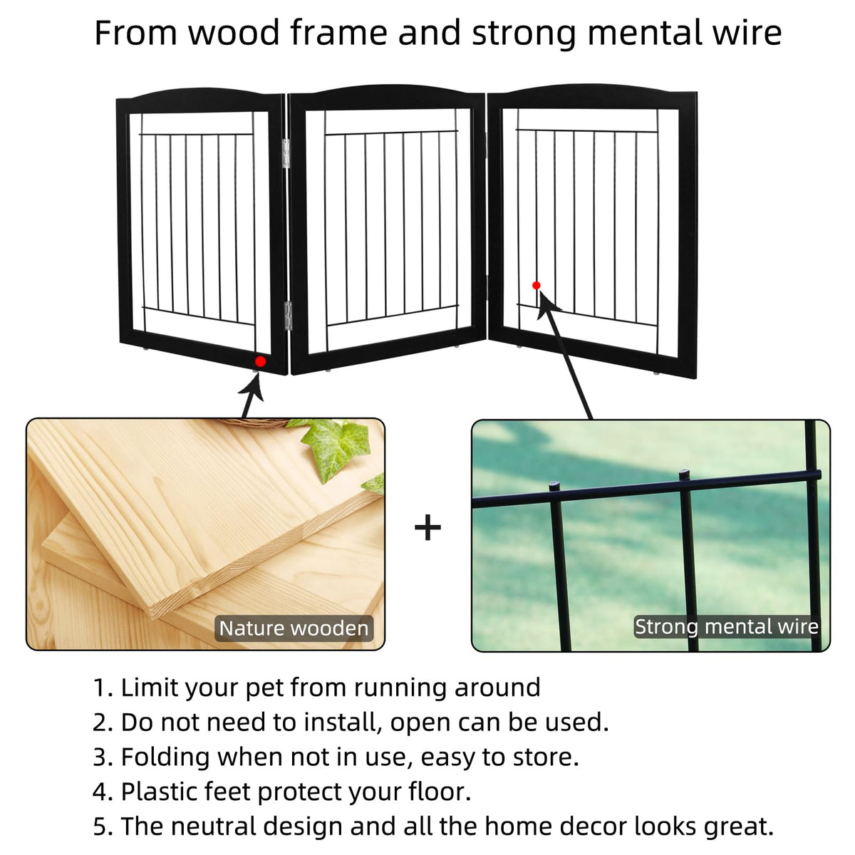 Freestanding Foldable Dog Gate for House Extra Wide Wooden Black Indoor Puppy Gate Stairs Doorways Pet Gate Tall Dog Fence 3 Panels Fence (Black / 【3 Panels】60''w x 24''h)