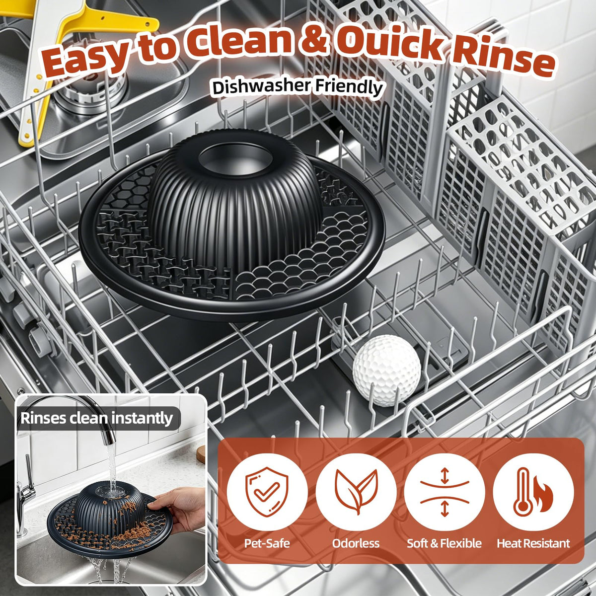 2-in-1 Dog Slow Feeder Bowl & Lick Mat with 2 Rotatable Balls, No-Slip Silicone Anxiety Relief Treat Mat for Dogs & Cats, Dishwasher Safe (Black) (Black)