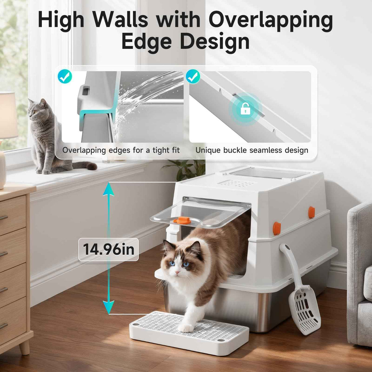XL Enclosed Stainless Steel Litter Box (Grey-Covered XL.)