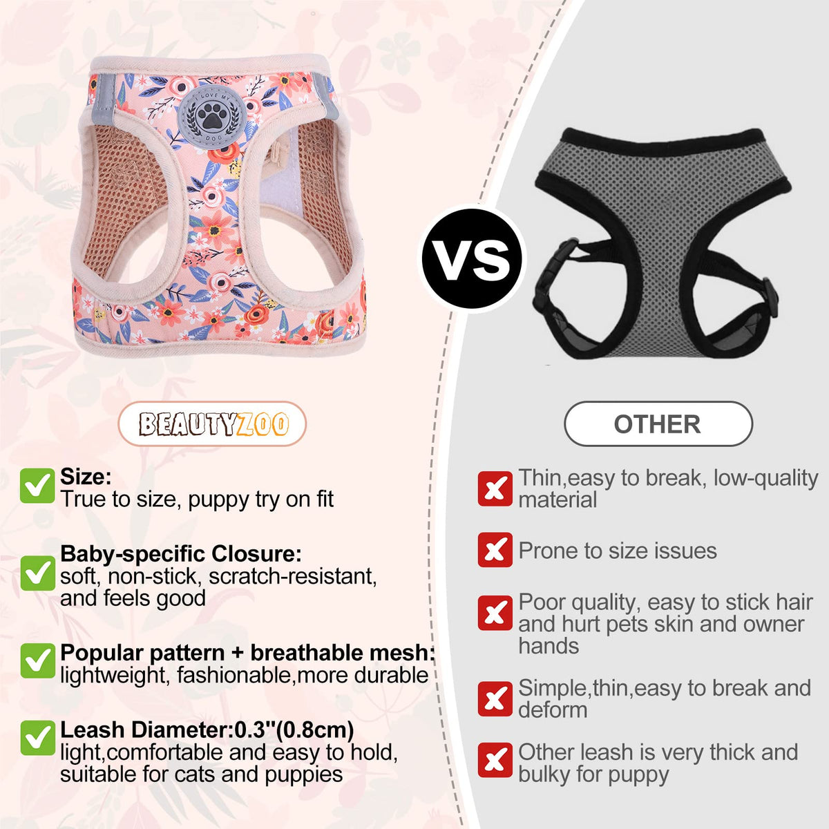 Small Dog Harness and Leash Set (XX-Small(Chest Girth 11.5"-13") / Pink Rose)