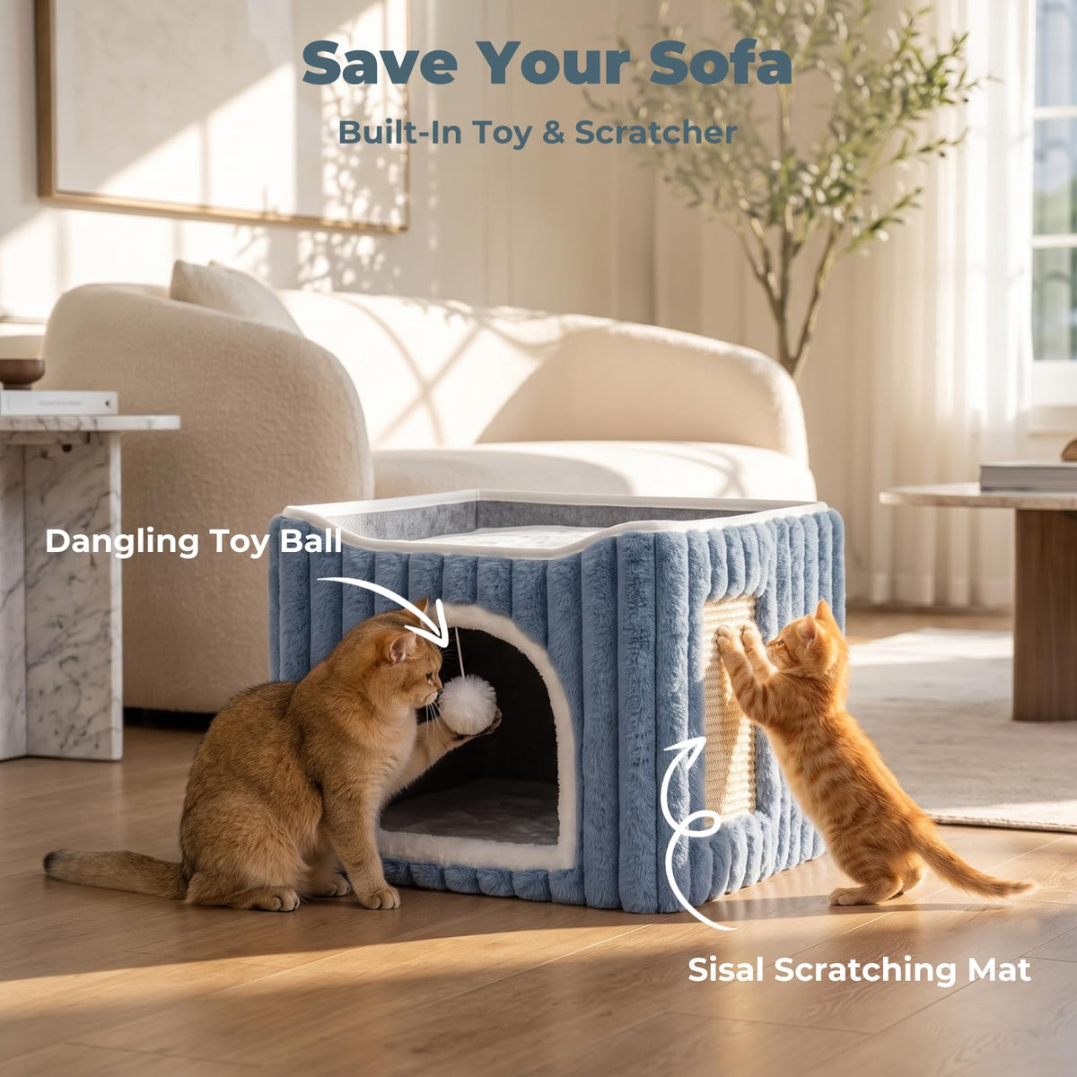 3-in-1 Cat Cave Bed for Indoor Cats with Scratch Pad (Blue)