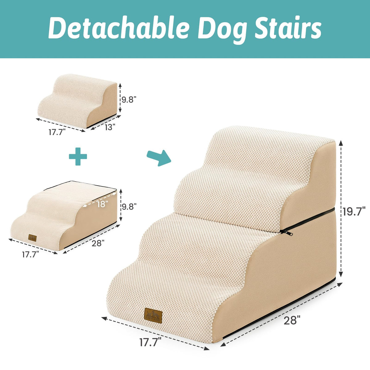 Detachable Small Dog Stairs 19.7" H (Beige / Detachable 17.7" x 28.3"x 19.7")