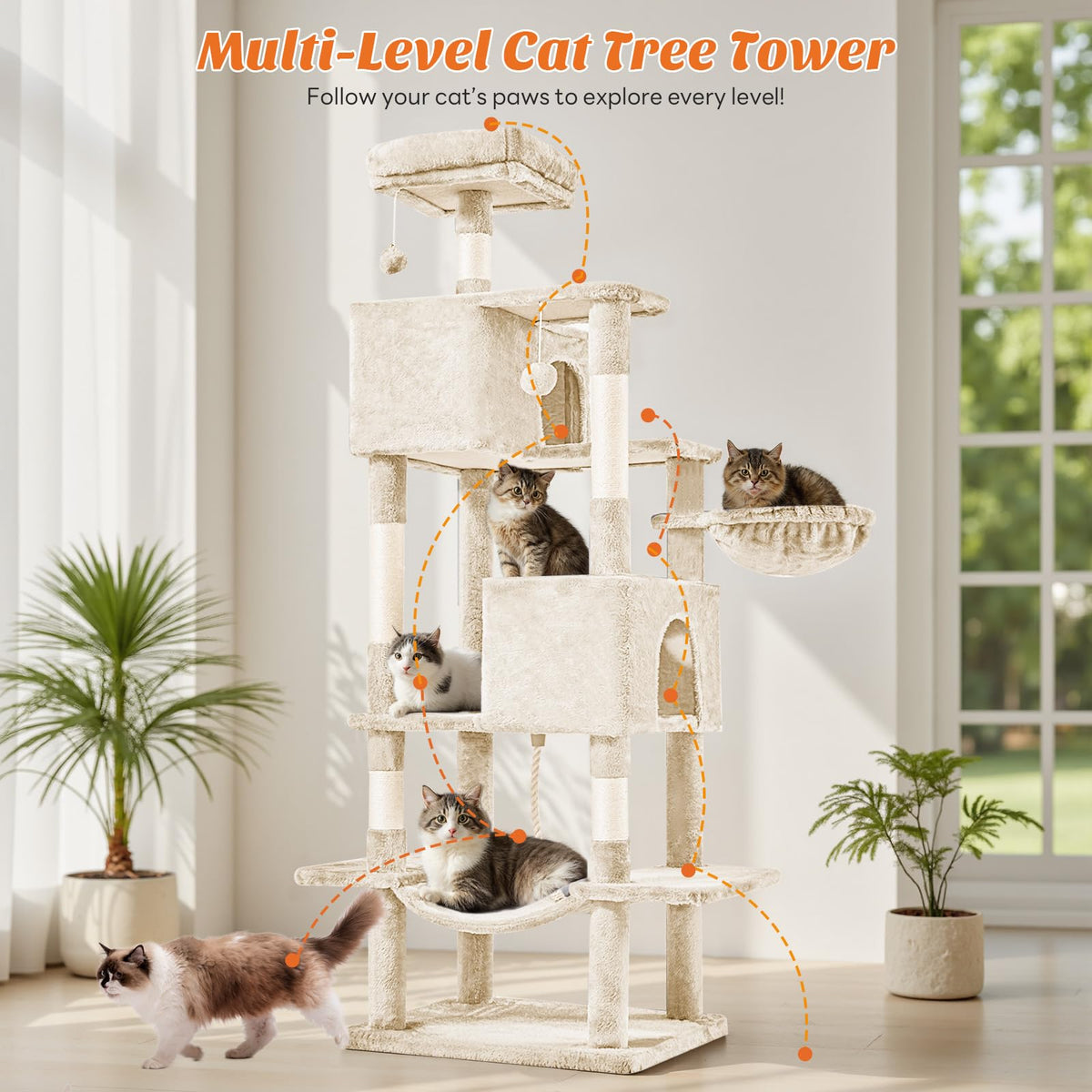 66 Inch Large Cat Tree Tower with Scratching Posts (Beige / 66.9"×18.9"×18.9")
