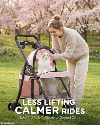 Foldable Pet Stroller for Small Dogs and Cats (★Pink【Full Mesh】)