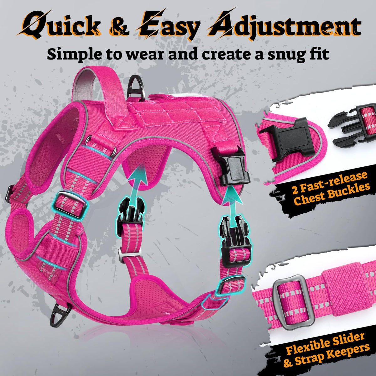 Tactical Dog Harness for Large Dogs (Xl(chest:23.6"-41.8",neck:21.7"-32.3",back:9.1") / Rose Red)