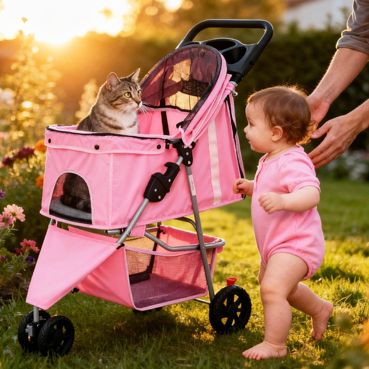 3 Wheel Pet Stroller for Dogs and Cats (Light Pink / 29.1" x 17.7" x 39.4")