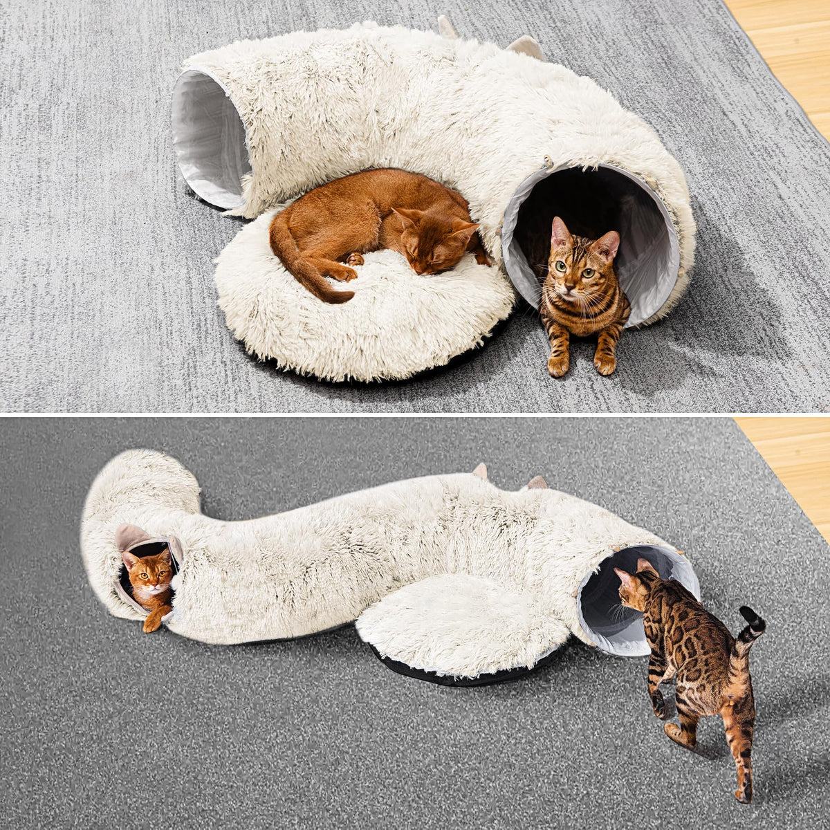 Cat Tunnel with Cat Bed for Indoor Cats (Cream white)