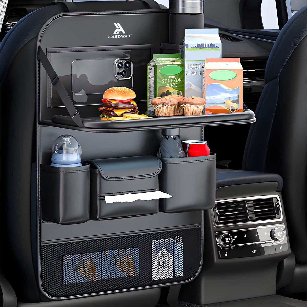 Universal Foldable Car Backseat Organizer with Table Tray (1 Pack / Black)