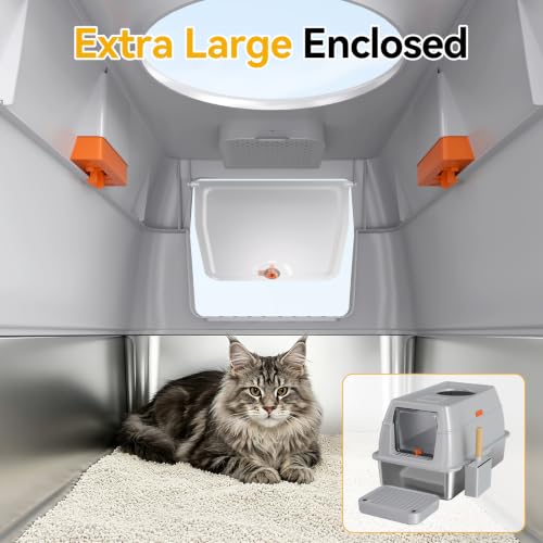 XL Enclosed Stainless Steel Litter Box with Lid (Light Gray-Enclosed)