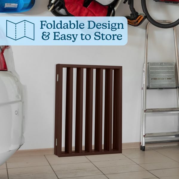 Pet Gate - 4-Panel Indoor Foldable Dog Fence for Stairs, Hallways or Doorways - 72x24-Inch Retractable Wood Freestanding Dog Gates by PETMAKER (Brown) (Brown / 4 Panel)