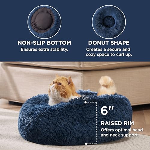 Calming Cat Beds Donut Round Washable Kitten Bed (20"L x 20"W x 6"Th / Navy)