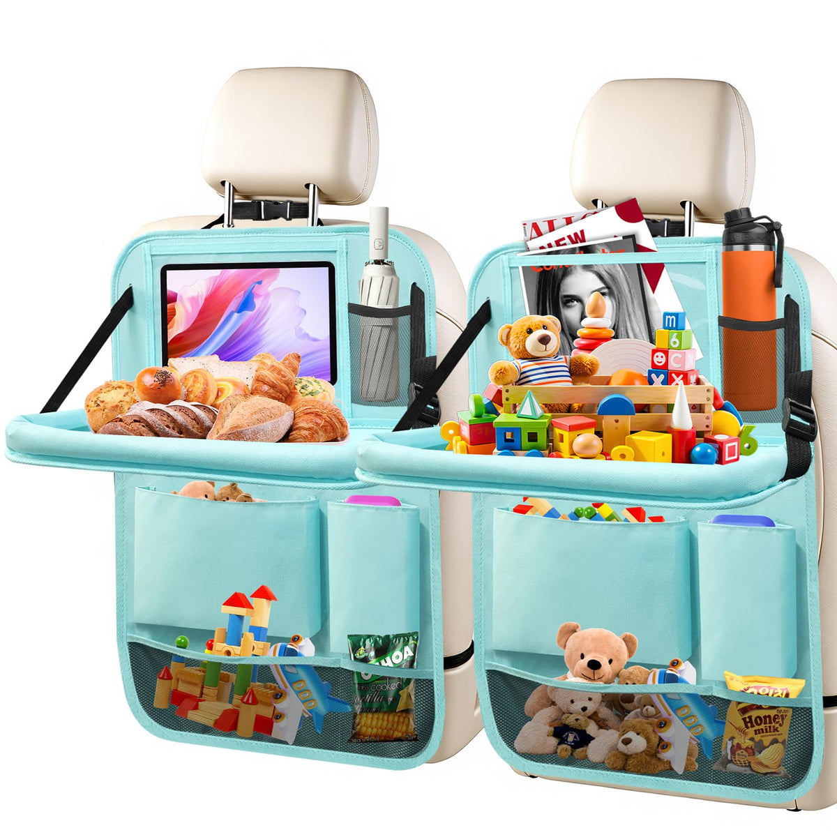 2 Pack Car Backseat Organizer with Foldable Table Tray Blue (Blue / 2 Pack with Food Tray)