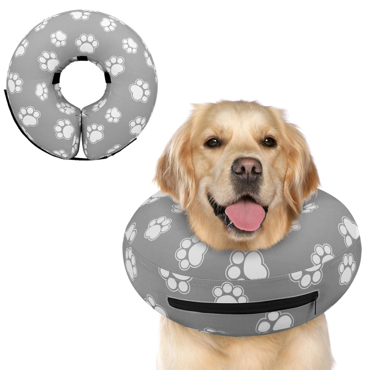 Inflatable Dog Cone Collar Alternative After Surgery (T Paw Grey / XL(Neck 14"-18"))
