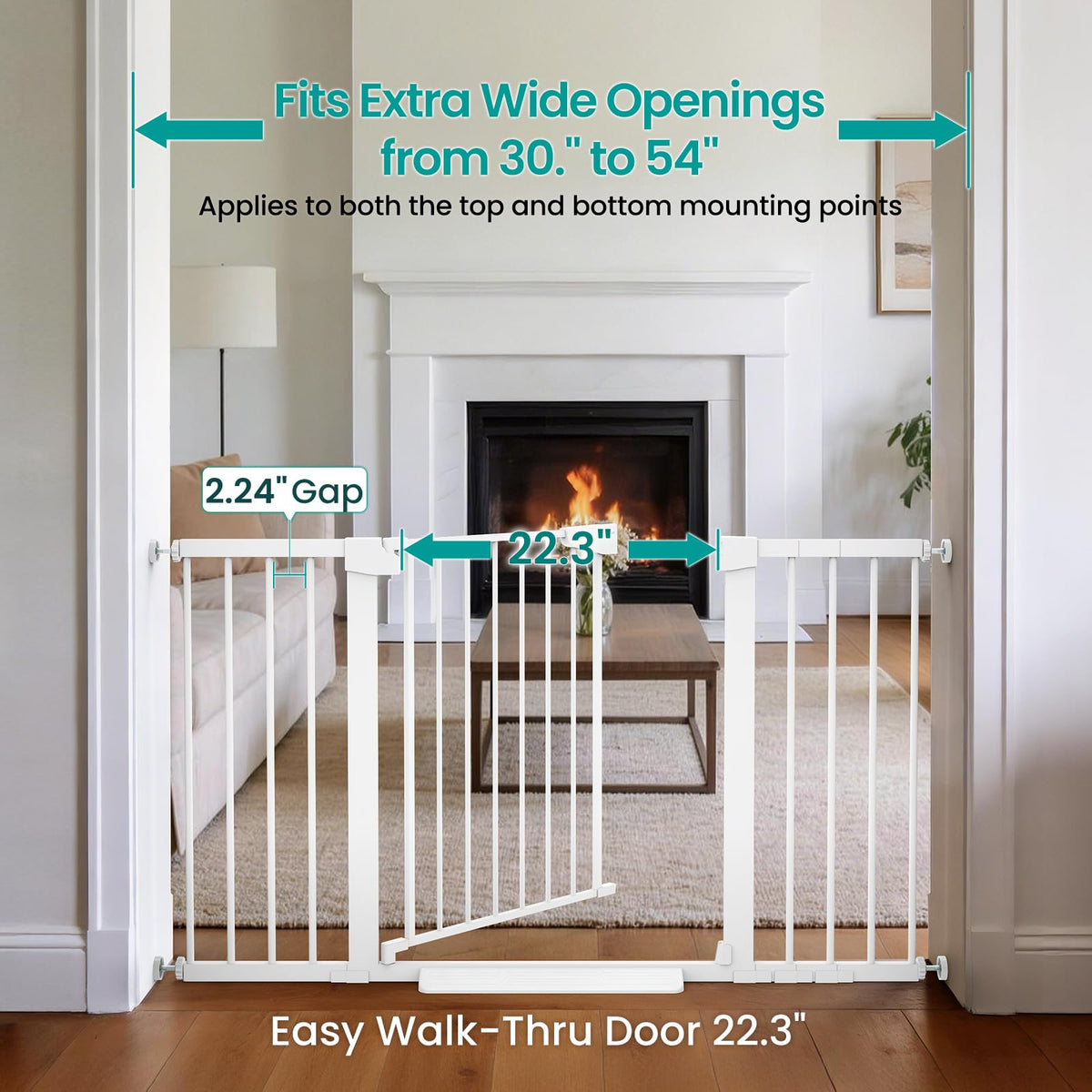 30 54" Extra Wide Baby Gate for Stairs (White / 30"-54" W x 30.5" H)