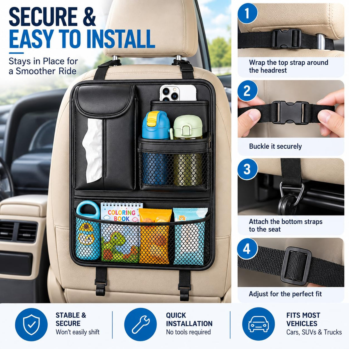 Backseat Car Organizer for Kids (Black)