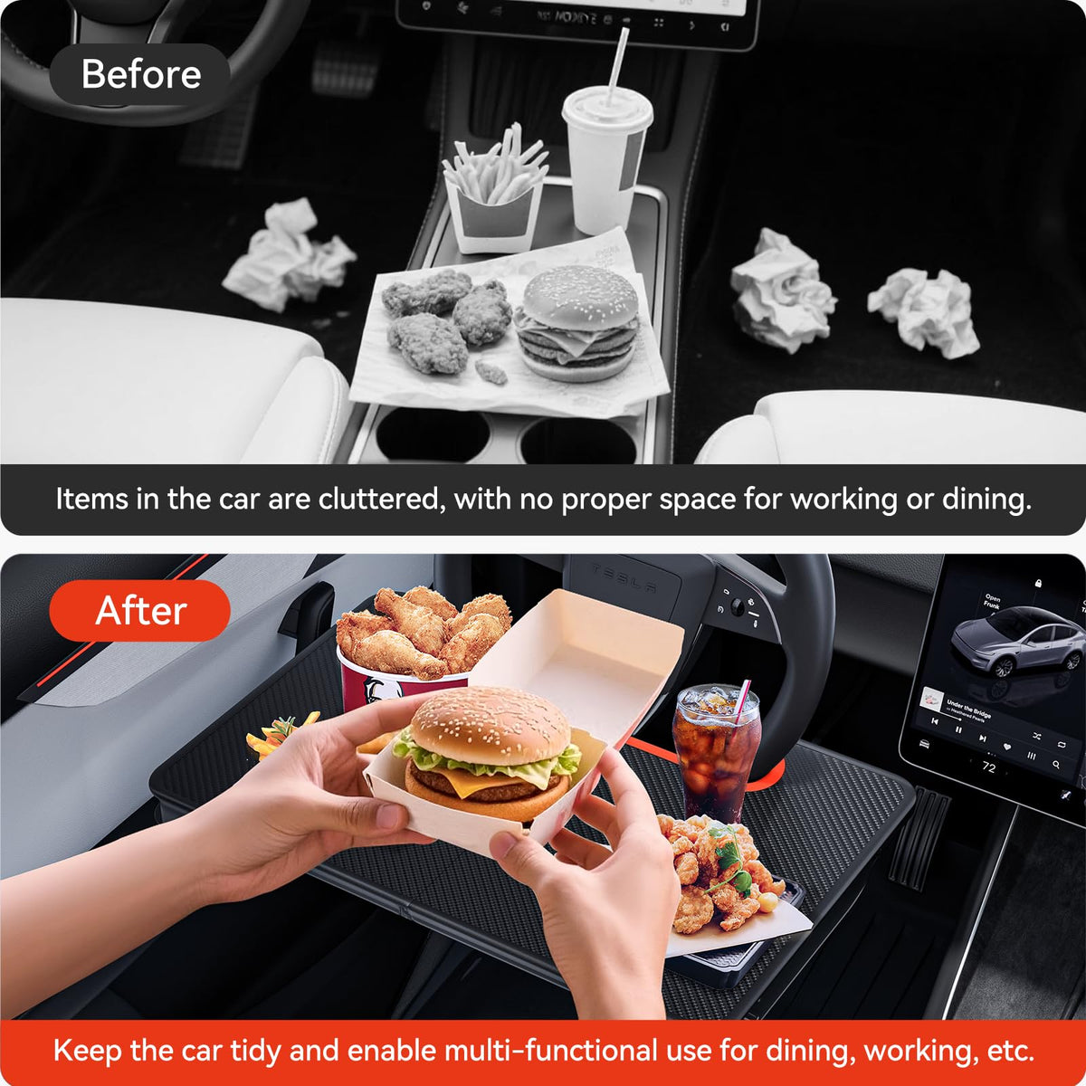 2-in-1 Car Steering Wheel Desk Tray & Car Seat Gap Filler Organizer – Foldable Carbon Fiber Look Table for Laptop, Eating, Writing – for Standard Round Steering Wheels (Orange)