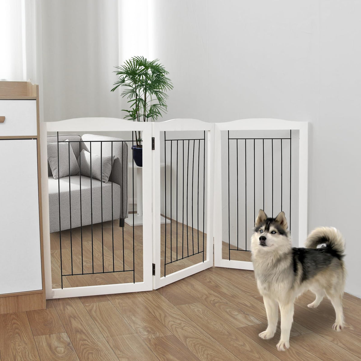 Freestanding Foldable Dog Gate for House Extra Wide Wooden White Puppy Gate Stairs Dog Gates Doorways Tall Pet Gate 3 Panels Pet Fence (White / 【3 Panels】60''w x 32''h)