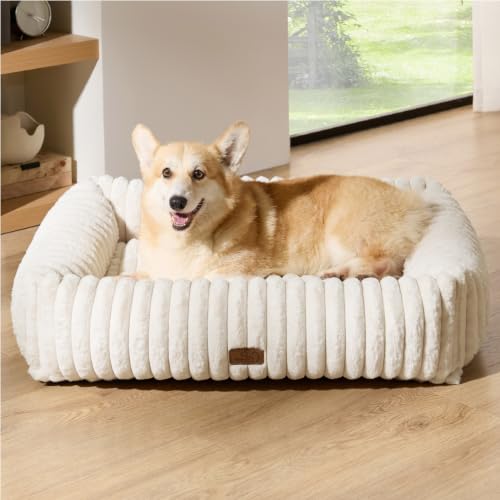 ComfyFleece® Cute Dog Bed Medium Large Size Dog Washable (33.0"L x 25.5"W x 8.0"Th / Cream)