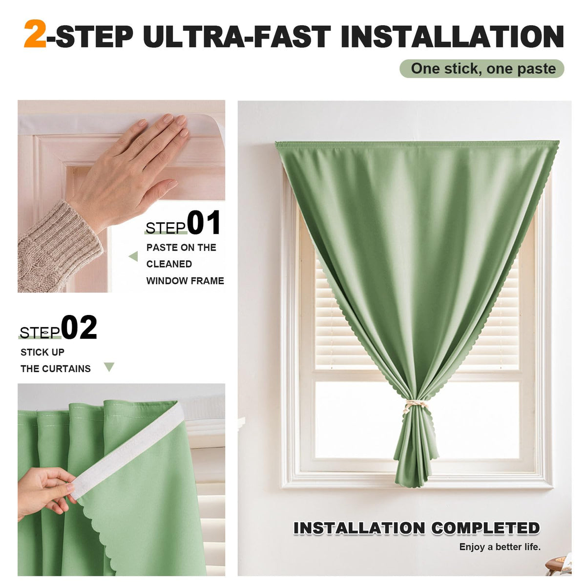 Magic Tape Blackout Curtains (47"W x 84"L (Pack of 1) / Sage Green)