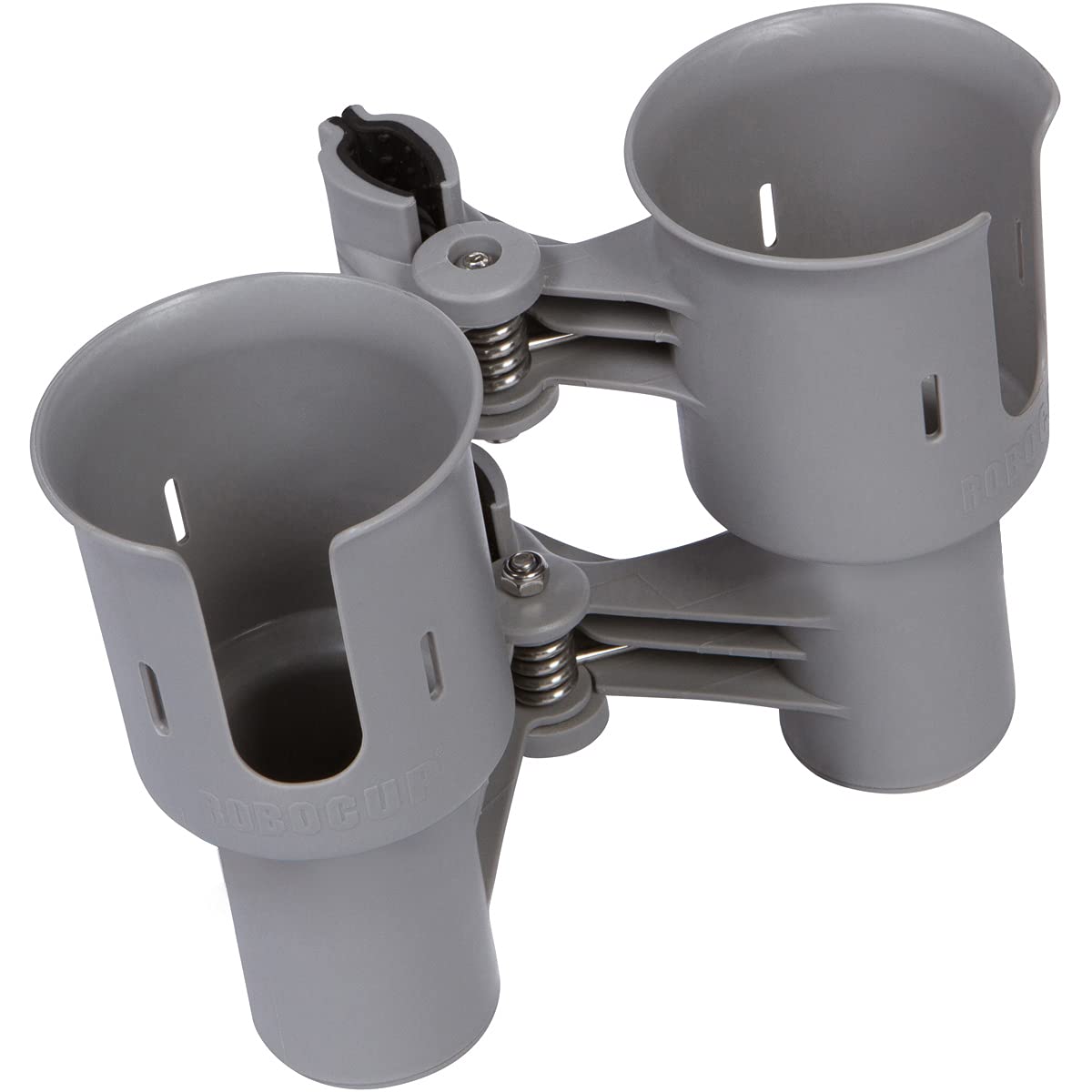 Gray), Patented Clamp On Boat Cup Holder |Multifunction Dual Drink Caddy for Fishing Poles, Tools, Net, Gaff |Portable Storage for Boating, Beach, Umbrellas, Golf Carts, Strollers (Gray / Standard Spring)