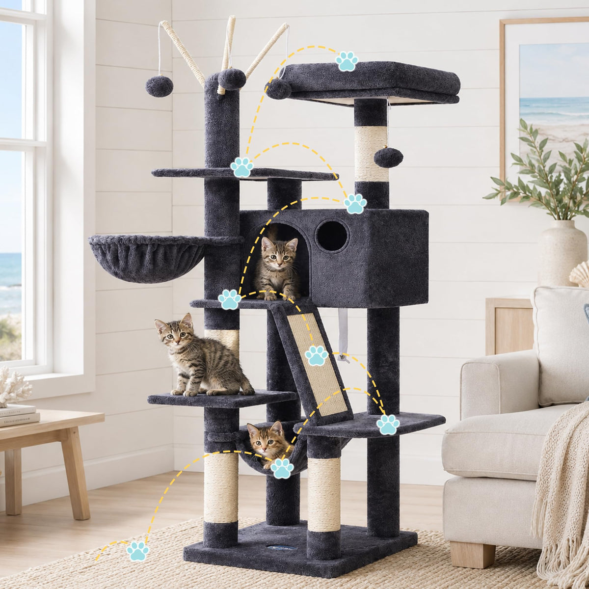 Cat Tree Tower with Padded Platform Bed (53 Inch / Smoky Gray)