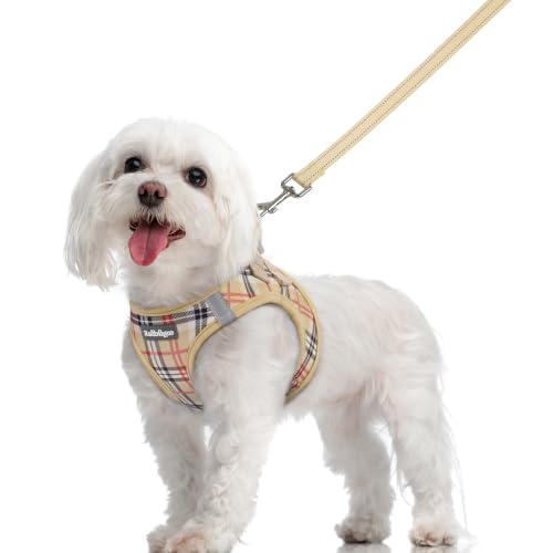 Dog Harness Medium Sized and Leash Set (Beige Plaid / M (chest: 16 - 18.5"))