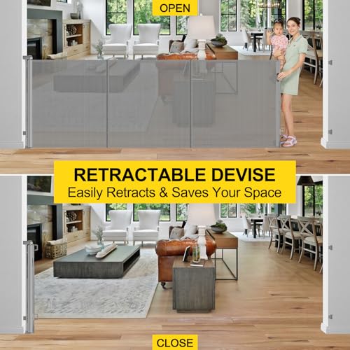 Reinforced 42” Tall x 160” Extra Wide Retractable Baby Gates with Rods (Gray / Reinforced 42" Tall X 160" Wide)