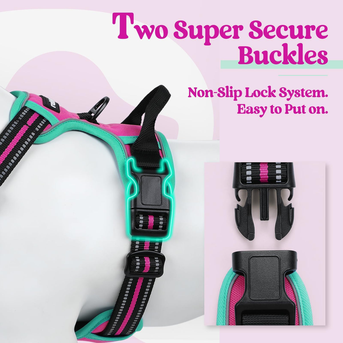 Dog Harness No Pull for Large Dogs with 2 Leash Clips (X-Large / Hot Pink & Turquoise)