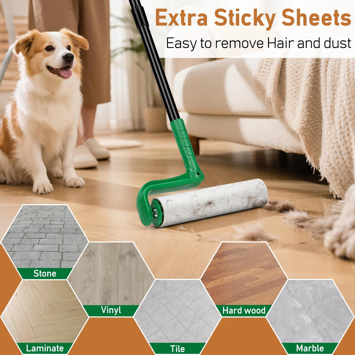 10" Large Lint Roller Refills for Pet Hair Extra Sticky (Green / 4 Pack)