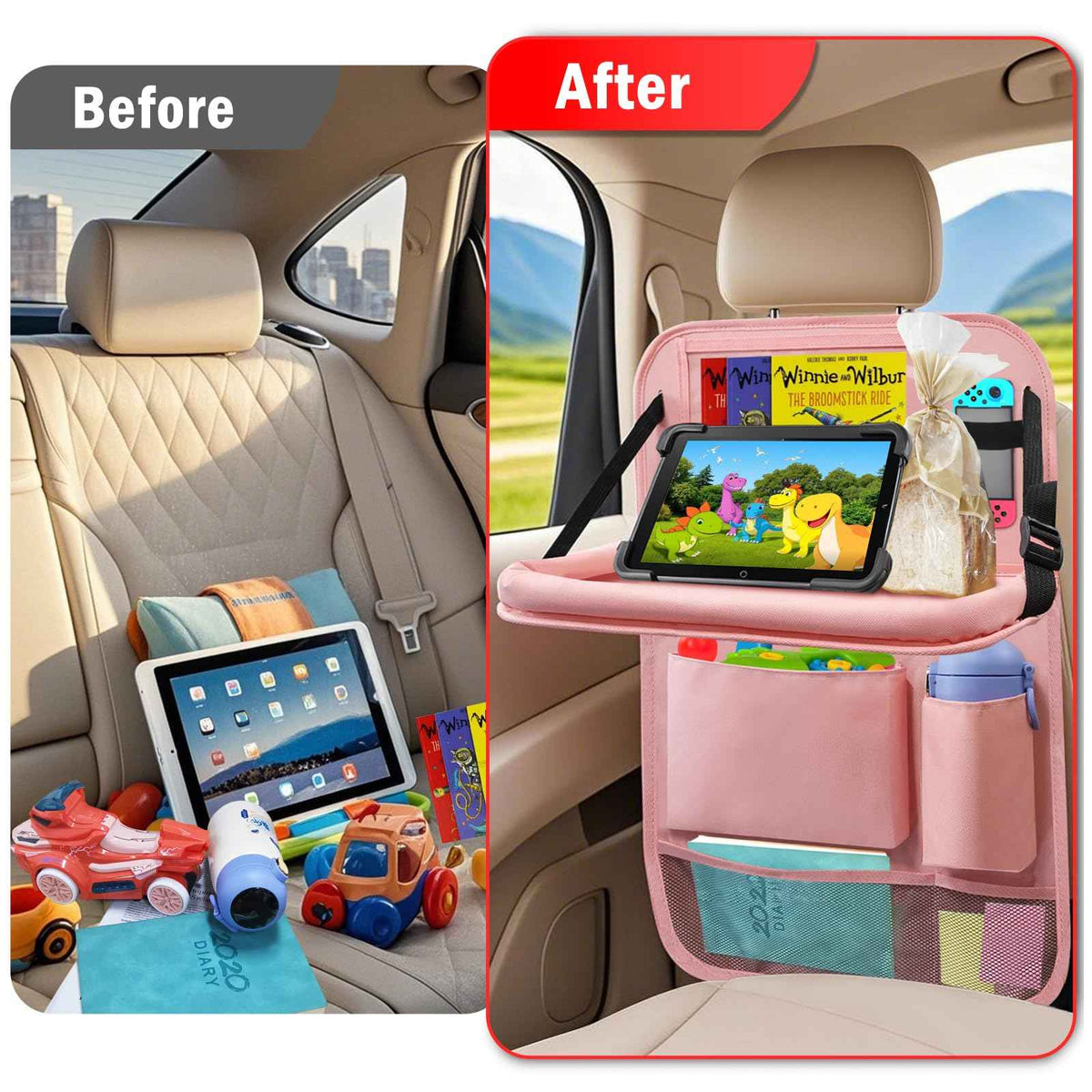 2Pack Back Seat Car Organizer with Tablet Holder & Foldable Table Tray Pink (Pink / 2 Pack with Food Tray)