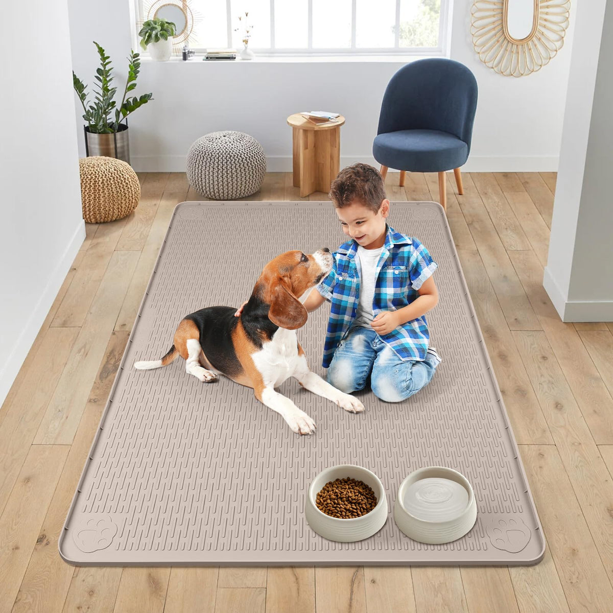 Dog Food Mat 50''x35'' Extra Large Dog Mat for Food and Water (50"L x 35"W / Khaki)