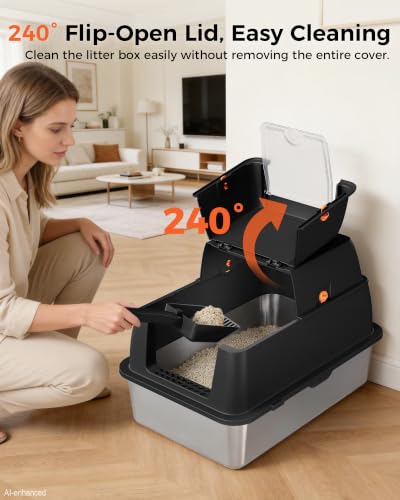 XXL Stainless Steel Cat Litter Box with Lid (Carbon Black / 23" L × 16" W × 18" H)