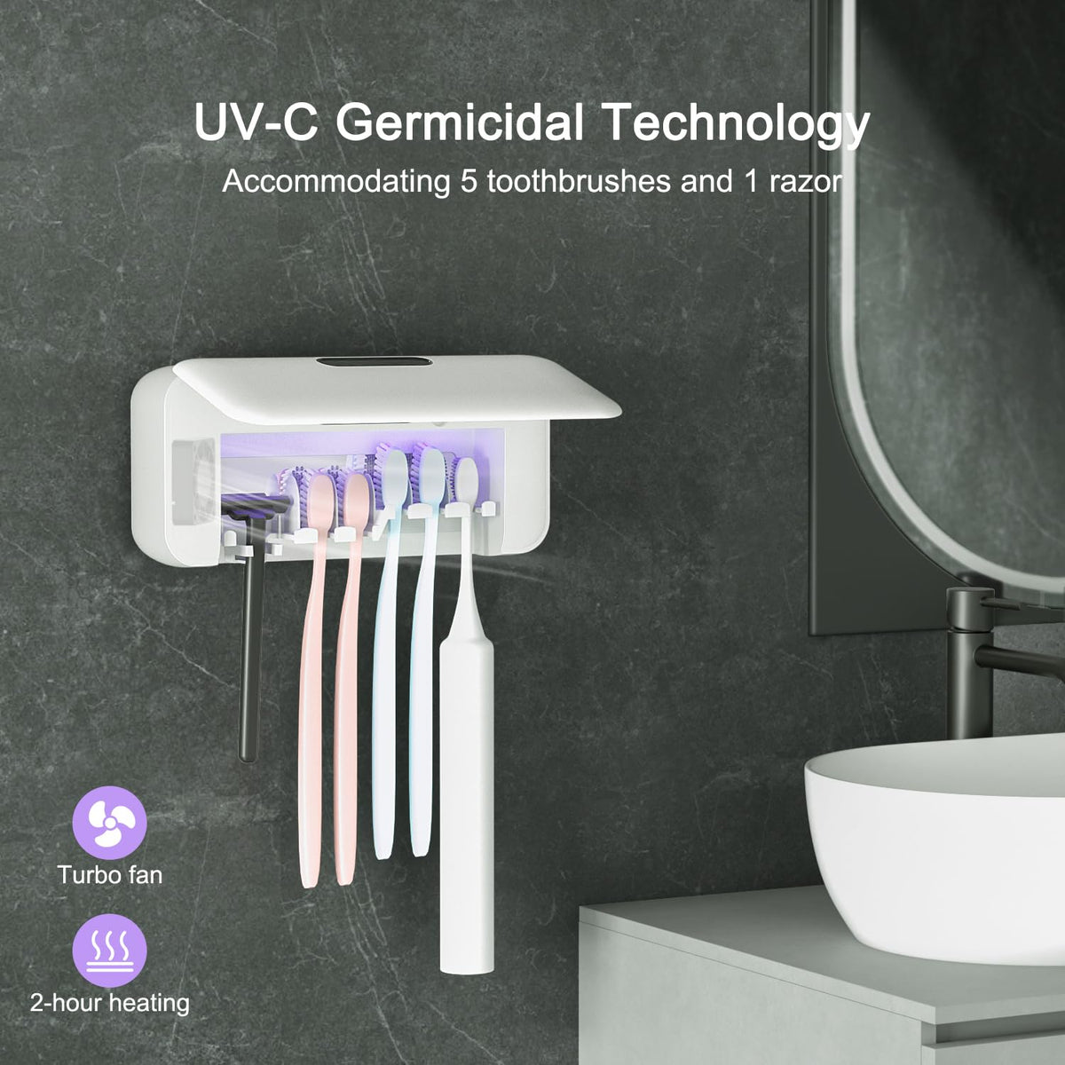 UV Toothbrush Sanitizer and Holder for Bathroom (White-for Family)