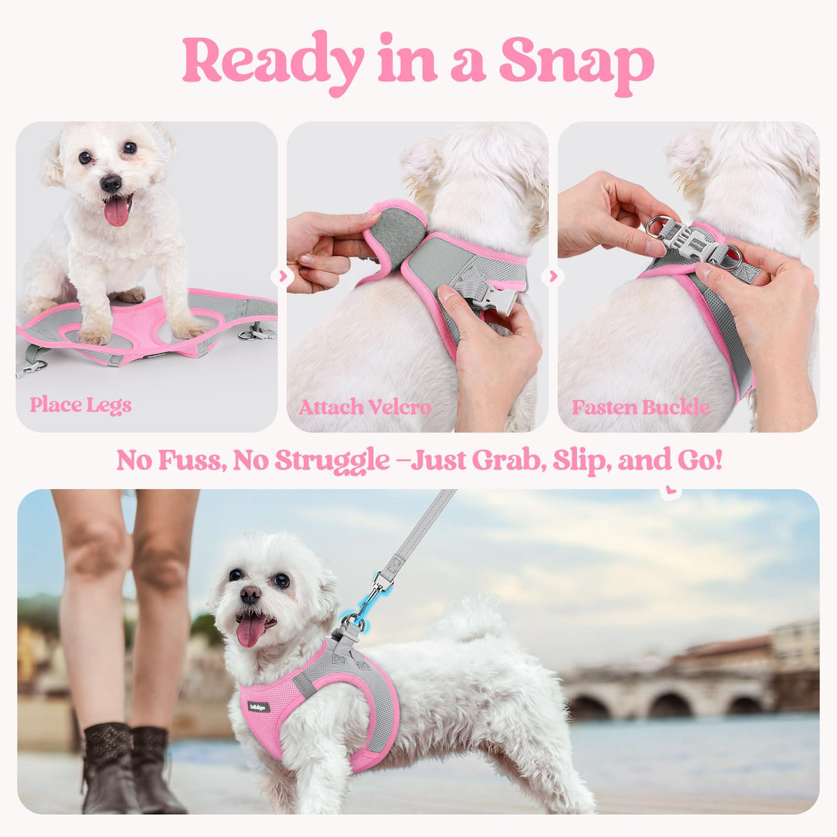 Dog Harness Medium Sized and Leash Set (Light Pink & Gray / M (chest: 16 - 18.5"))