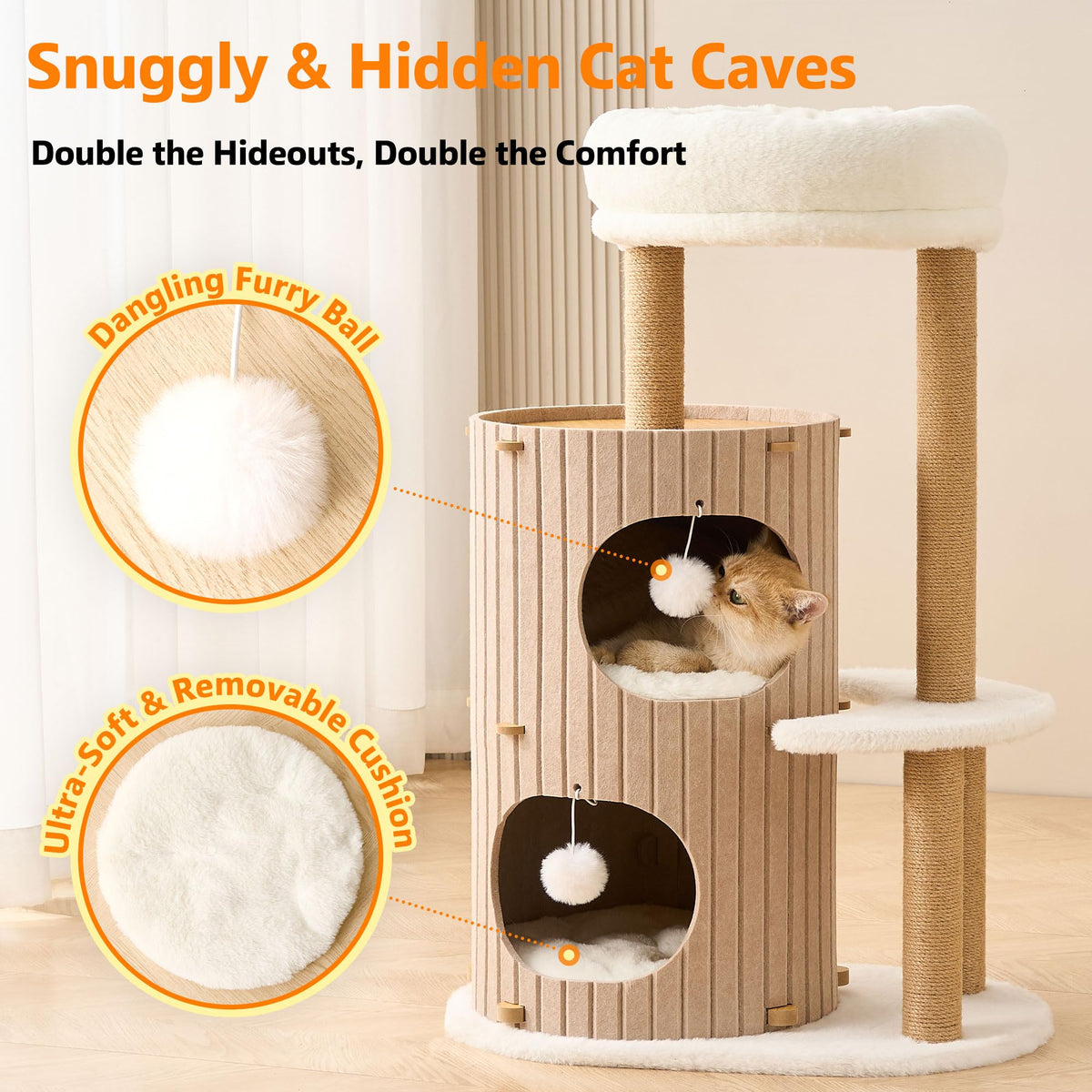 Modern Cat Tree for Indoor Small & Medium Cats (Latte Brown-36")