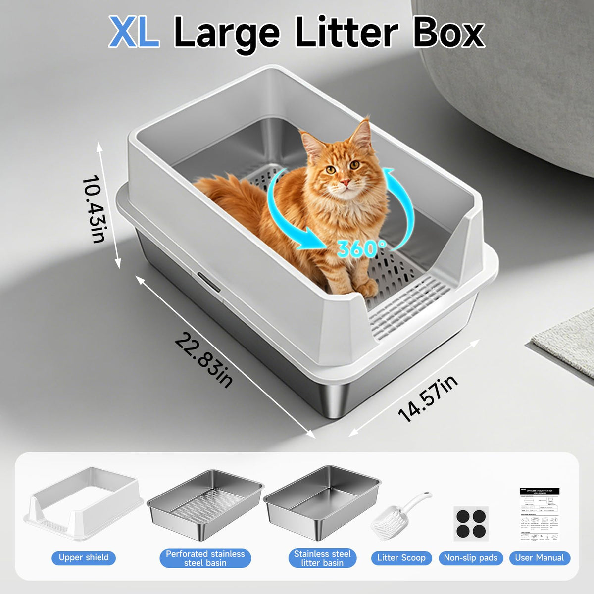Stainless Steel Sifting Cat Litter Box for Pine Pellets (Light Gray-sifter)