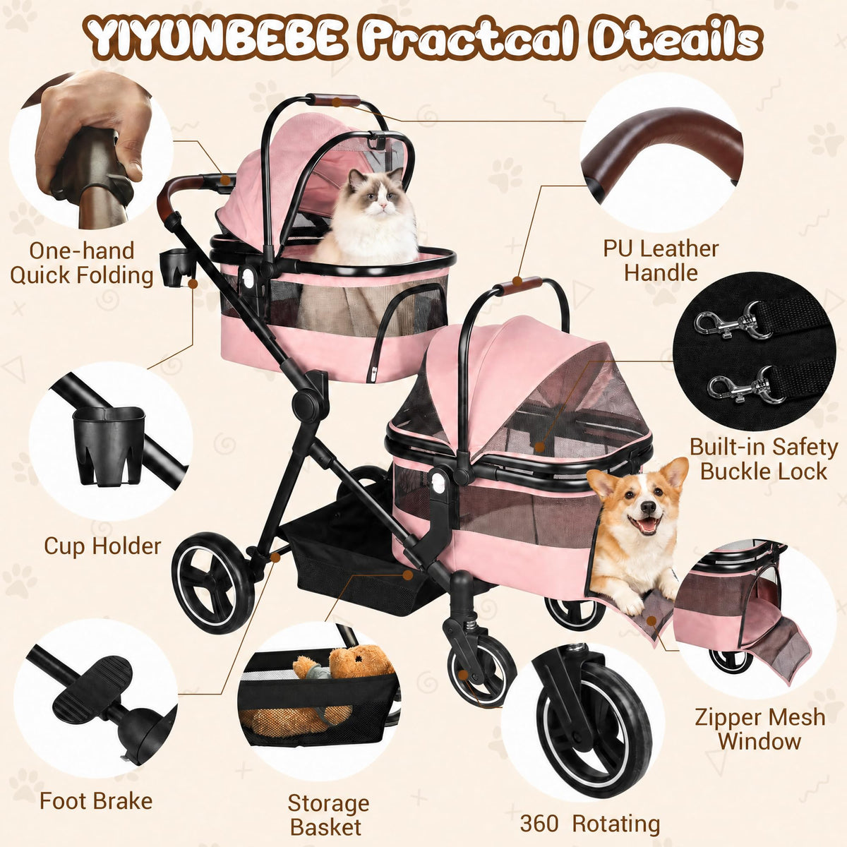 Foldable Double Pet Stroller for 2 Small Medium Cats Dogs (Pink / Double)