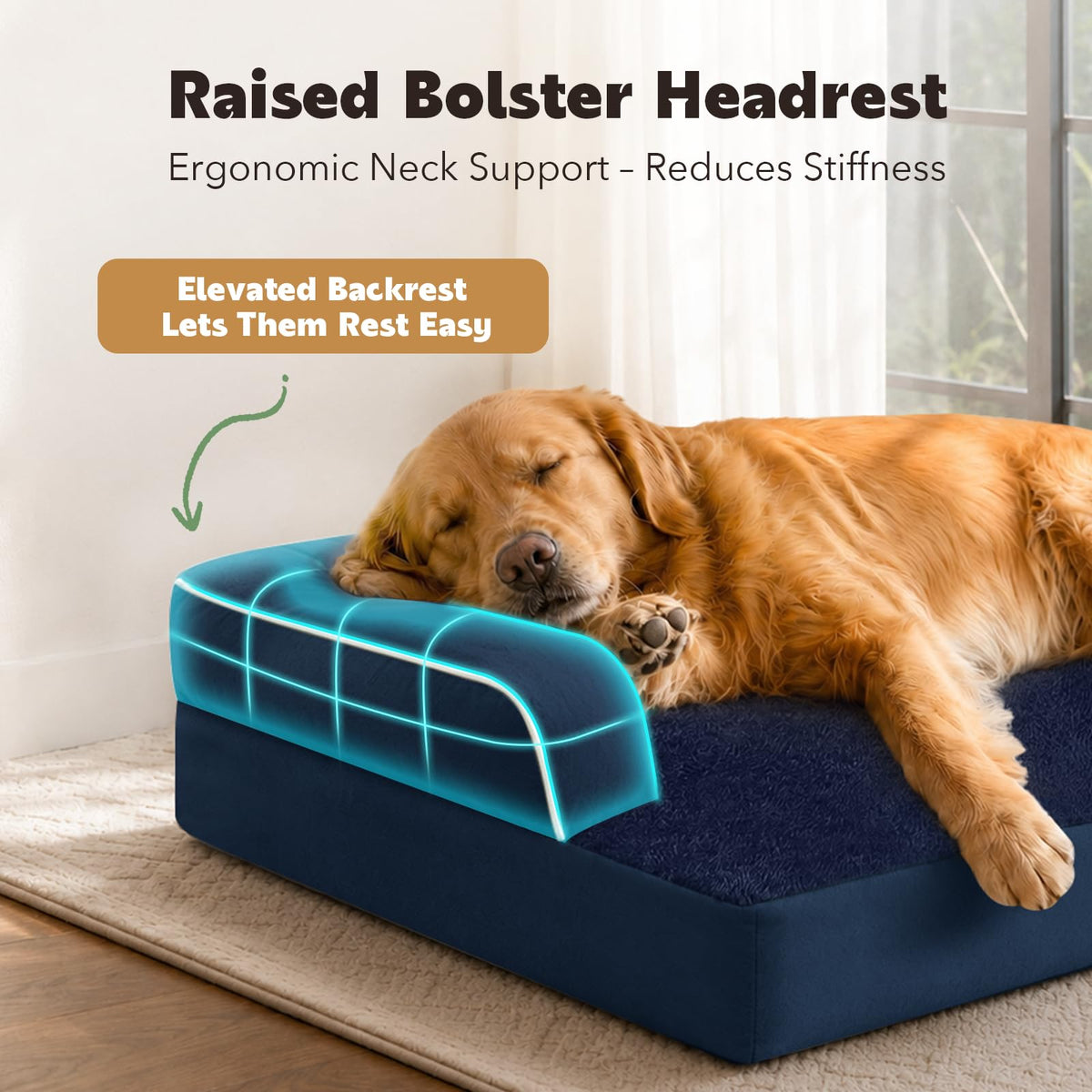 XXL Orthopedic Waterproof Dog Bed with Bolster for Extra Large Dogs (45.0"L x 35.0"W x 8.0"Th / Navy Blue)