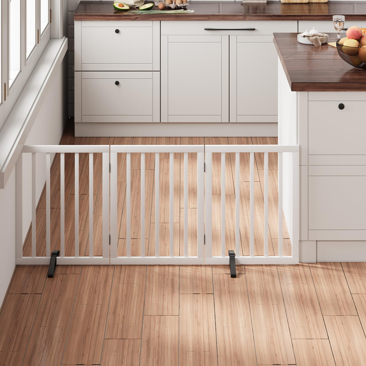 White 18 55" Wide Pet Gate (Bamboo Dog Gate White / 3 Panel - 55 inches Wide)