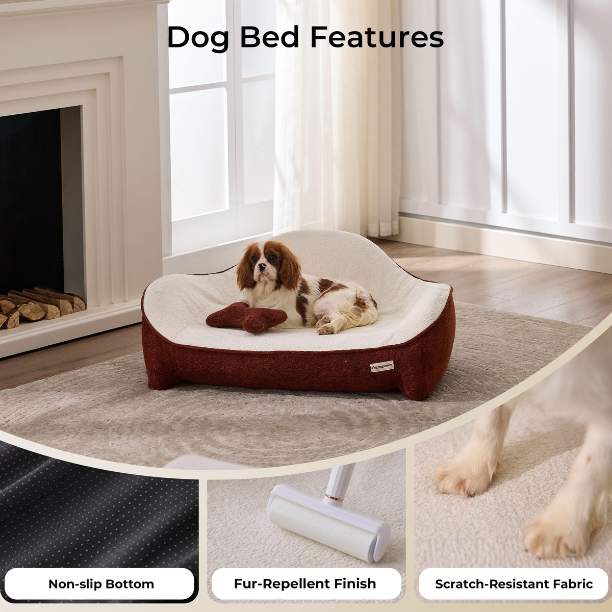 Dog Bed for Large Sized Dog (Leather-Brick Red-Light Gray / 43.6"L x 32"W x 15.6"Th)