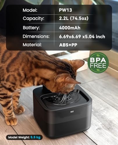 2.2L Wireless Cat Fountains with 6 Filters for Small Cats & Dogs