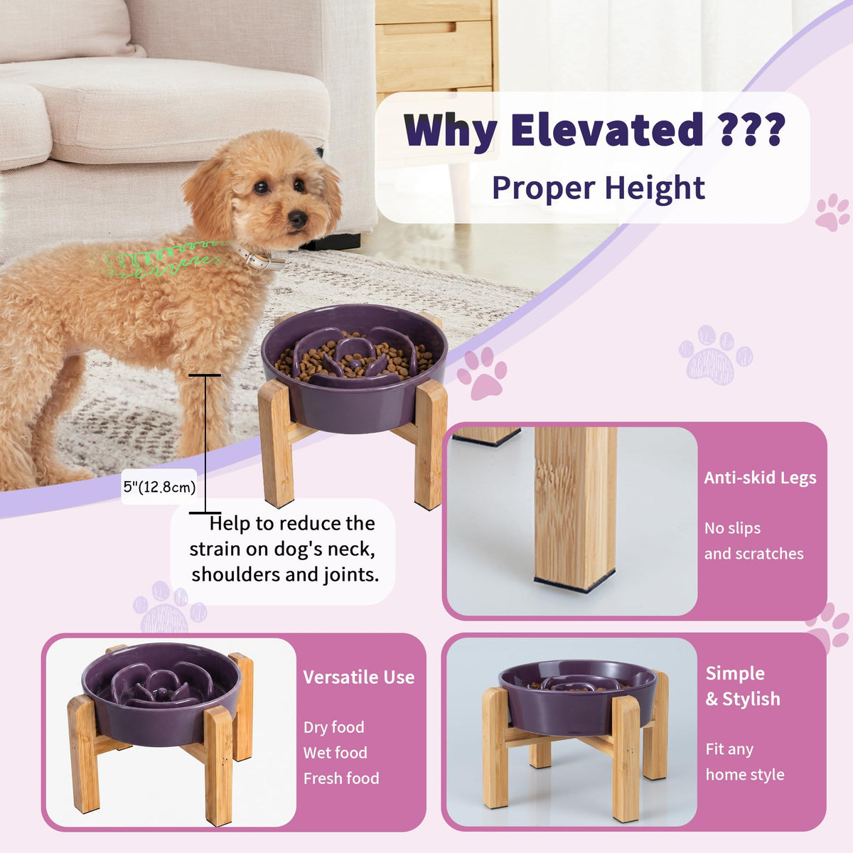 Elevated Slow Feeder Dog Bowl (Purple / 1.5 Cups)