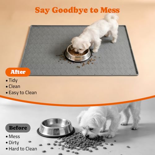 34" x 22" Waterproof Silicone Cat & Dog Food Mat with Raised Edge (Gray)