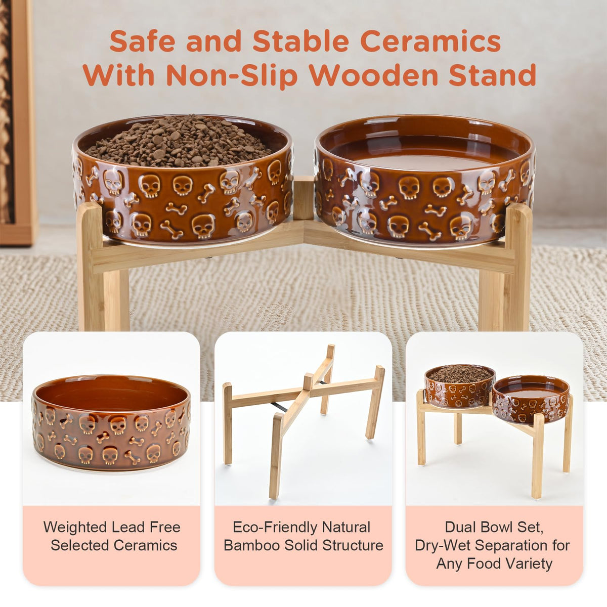 Elevated Dog Bowls Ceramic (8.3 in - 7.6 cups / Bronze - Skull)