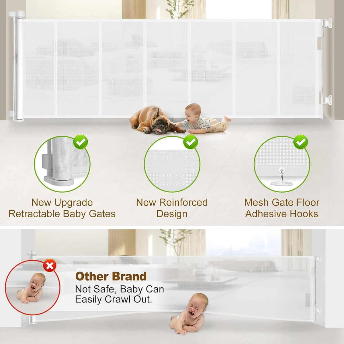 100 inch Reinforced Retractable Baby Gates 42 inch Tall (White / 42" Tall x 100" Wide)