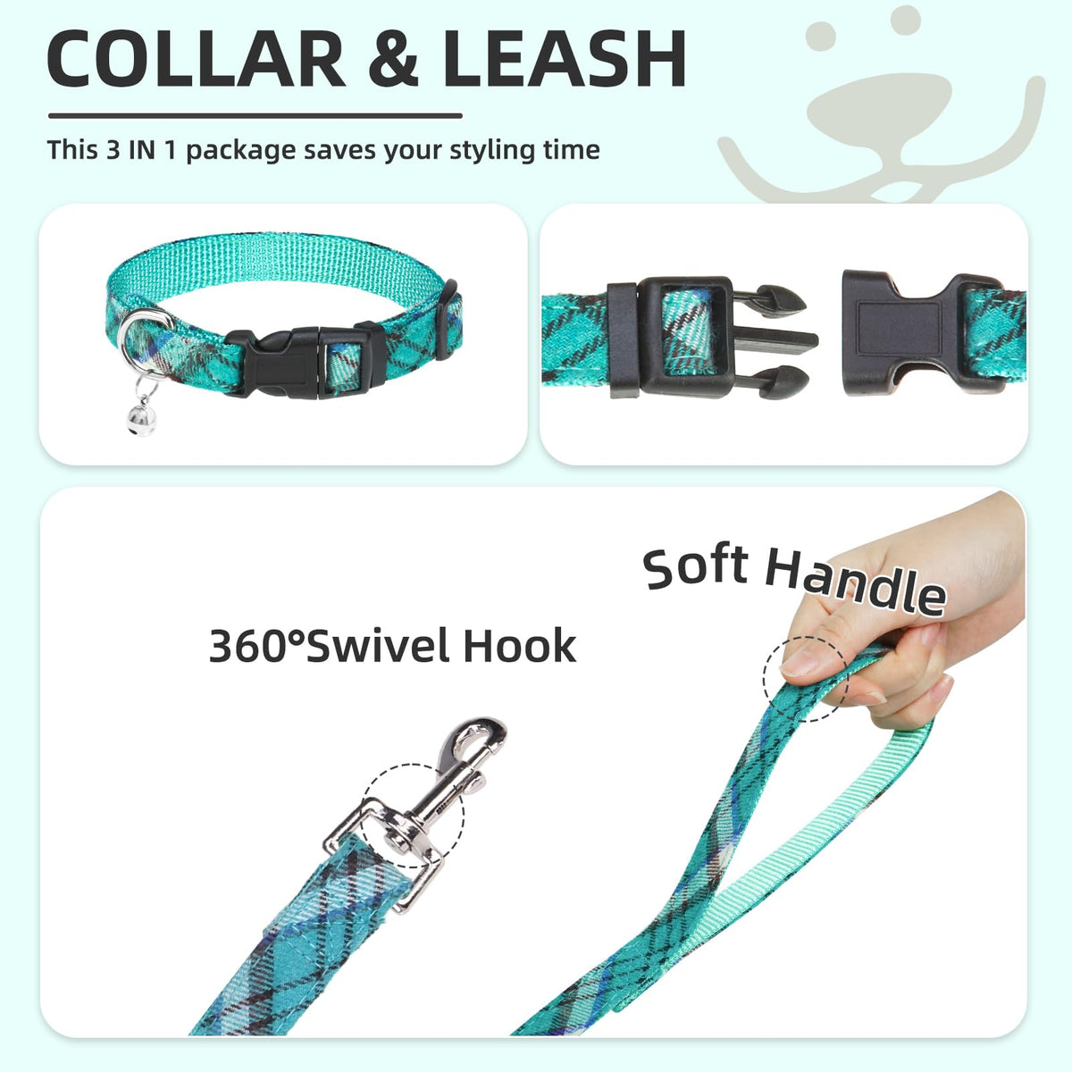 Dog Harness Collar and Leash Set No Pull for Small Medium Sized (Lake Green / S (CHEST 14.5"-16"))