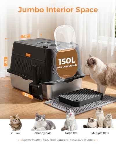 XL Stainless Steel Cat Litter Box with Lid (Black / 24" L × 16" W × 16" H)